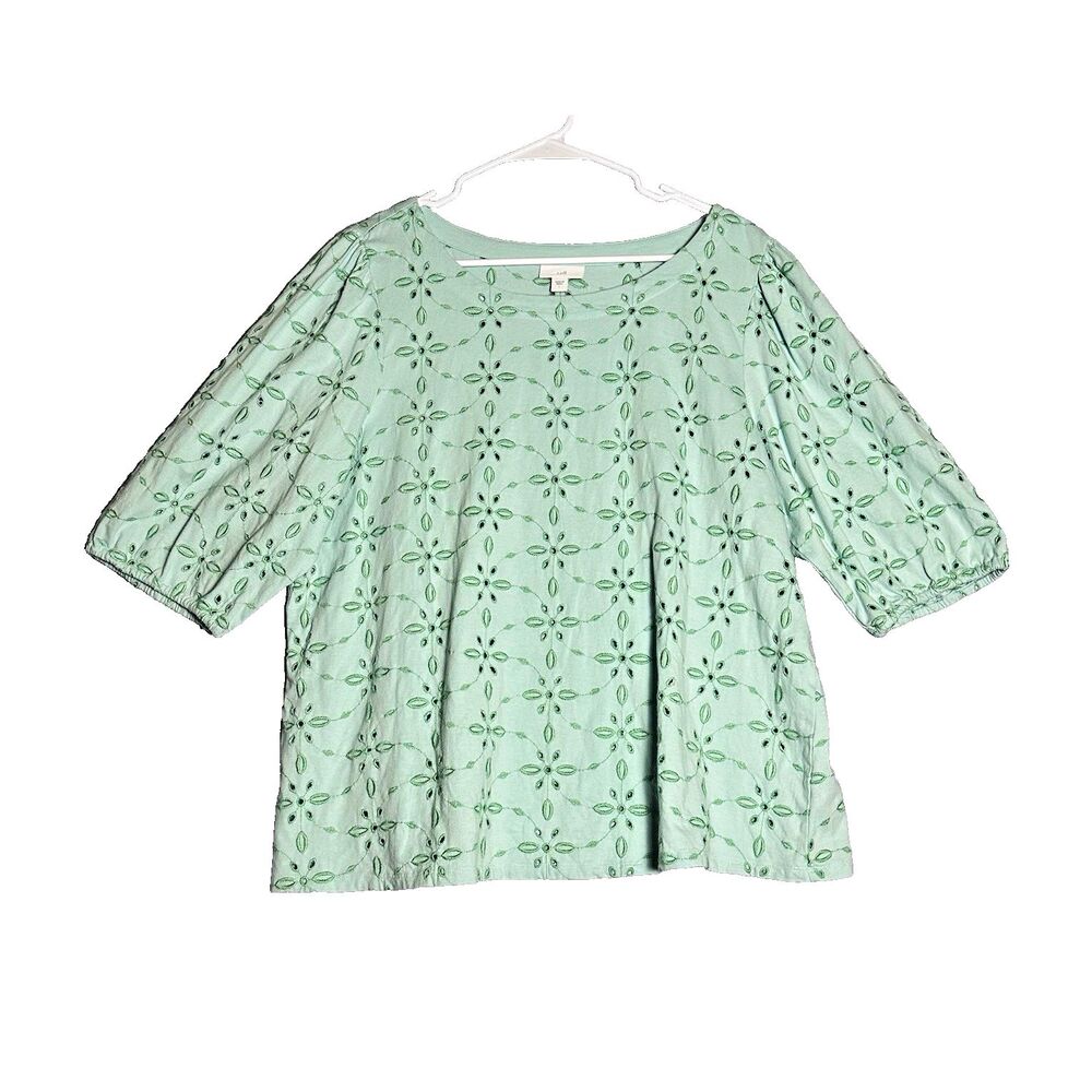 J. Jill Embroidered Pullover Blouse Womens L Prairie Eyelet Scoop Green Fall